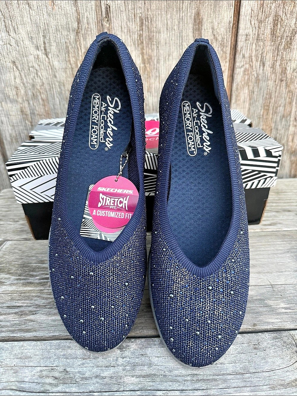 Skechers Cleo Flex Wedge “In Love” Navy Air Cooled Memory Foam Vegan US 9.5 NWT